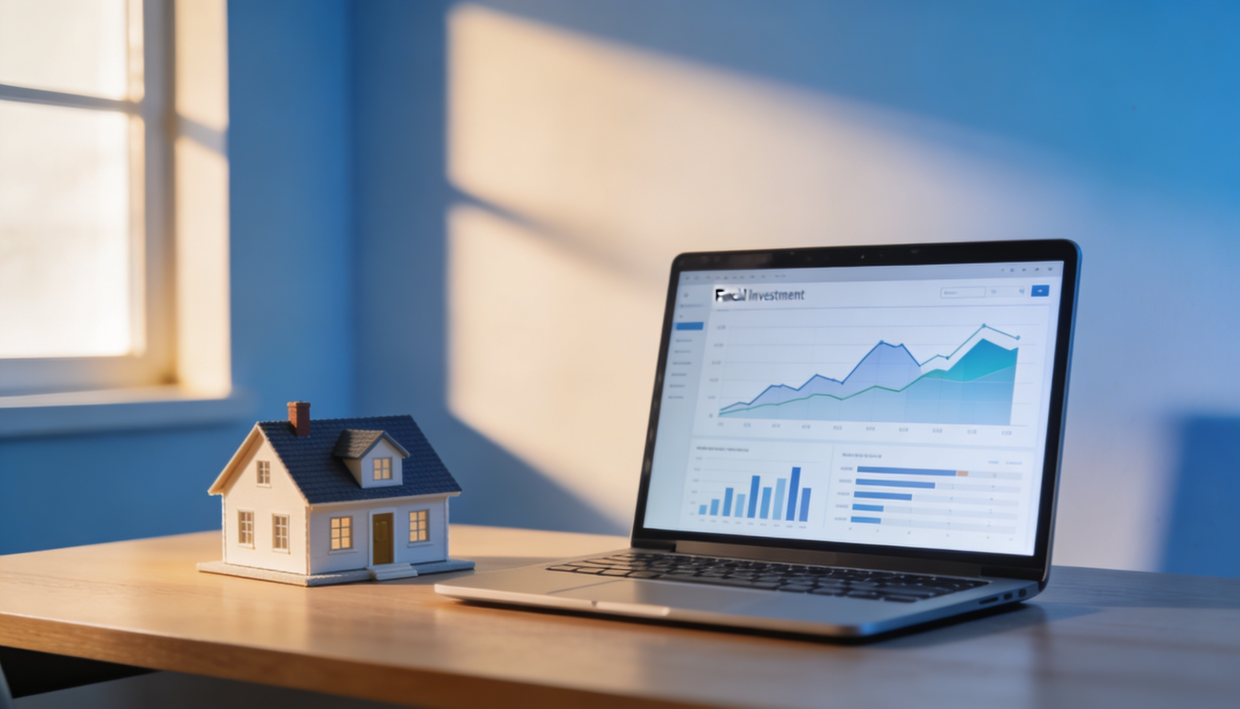 A modern office setting with a laptop, charts, and a house model representing property investment.
