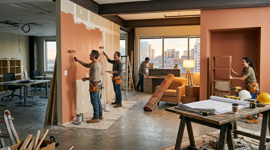 A modern office space being transformed into a cozy residential area with construction tools around.