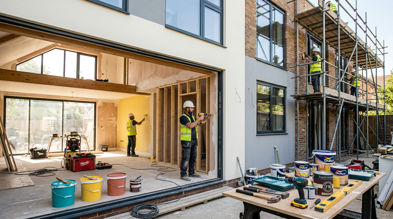 A modern property under refurbishment with construction tools and materials visible.