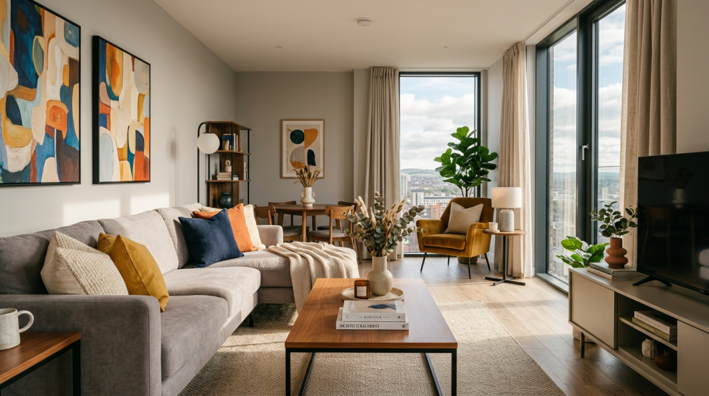 A modern serviced accommodation setup with stylish furniture and welcoming decor.