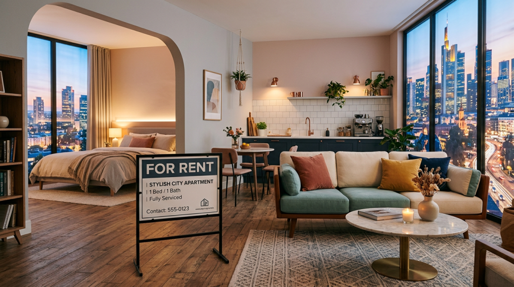 A modern serviced accommodation with a 'For Rent' sign and a city skyline in the background.