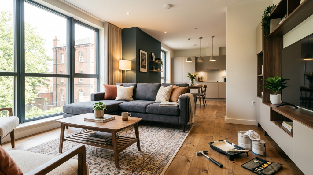 A modern serviced accommodation with a stylish interior and construction tools nearby.