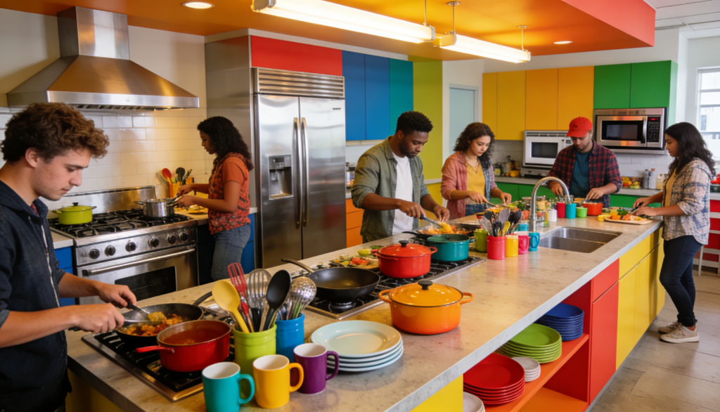 A modern shared kitchen in a multi-unit property with diverse residents cooking together.