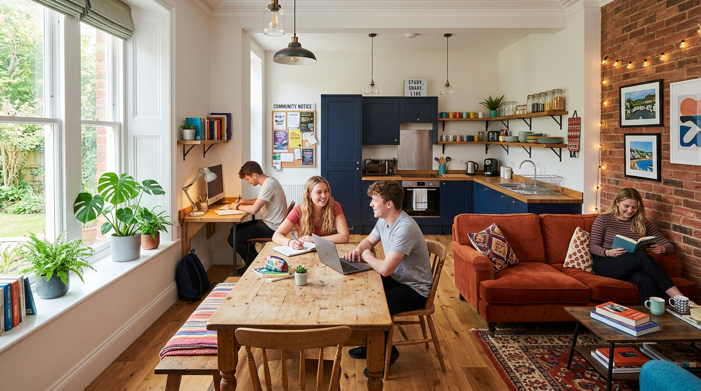 A modern student HMO conversion with stylish furnishings and study areas.