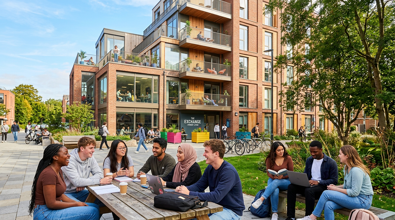 A modern student accommodation building with students socializing outside.