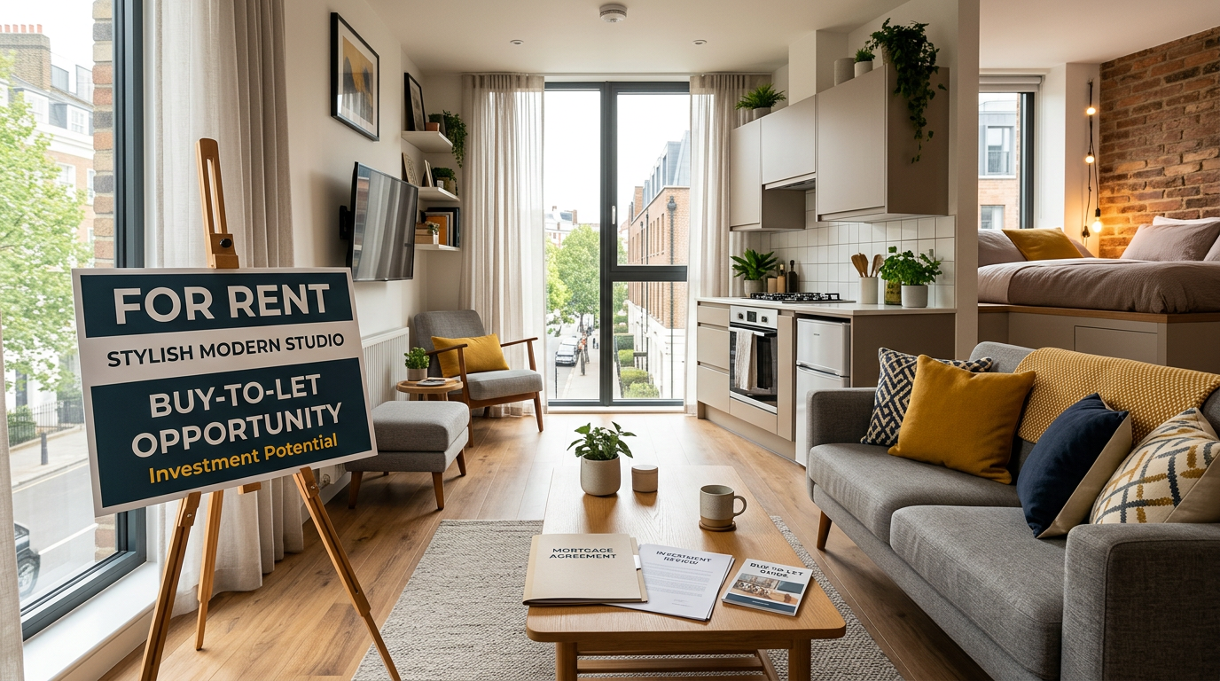 A modern studio flat with a buy-to-let sign, showcasing a cozy interior and financial documents.