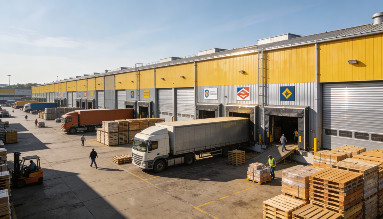A modern warehouse with large loading docks and industrial units in a sunny environment.