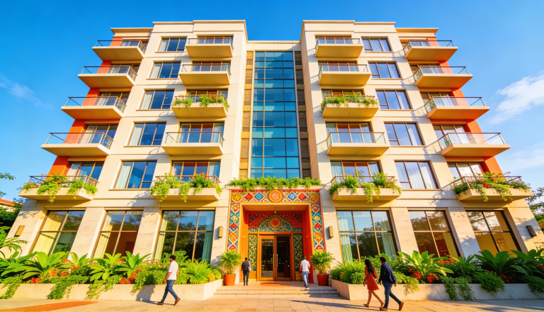 A multi-unit freehold block of apartments with a clear blue sky in the background.