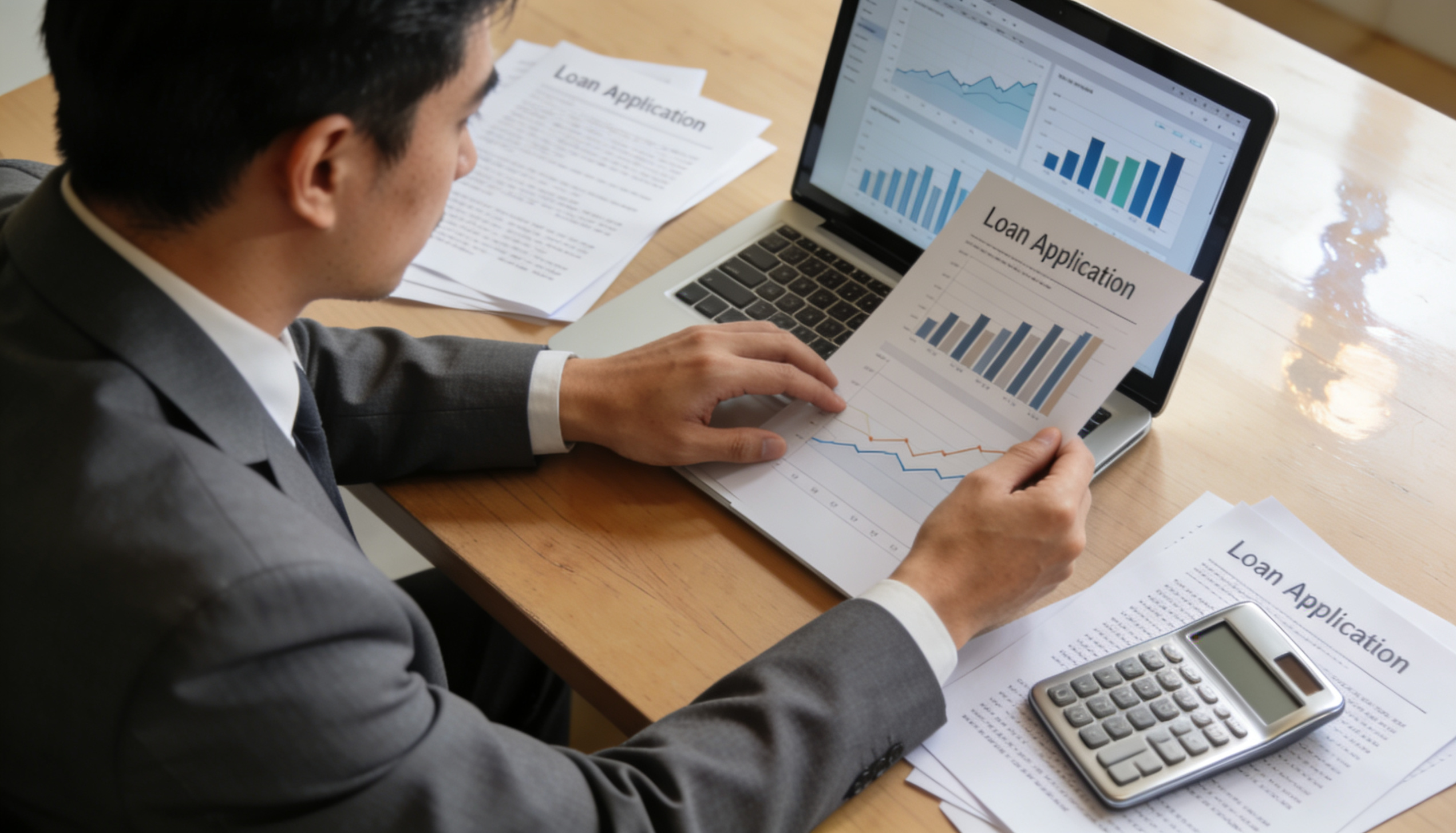 A person analyzing documents and charts for a loan application preparation.