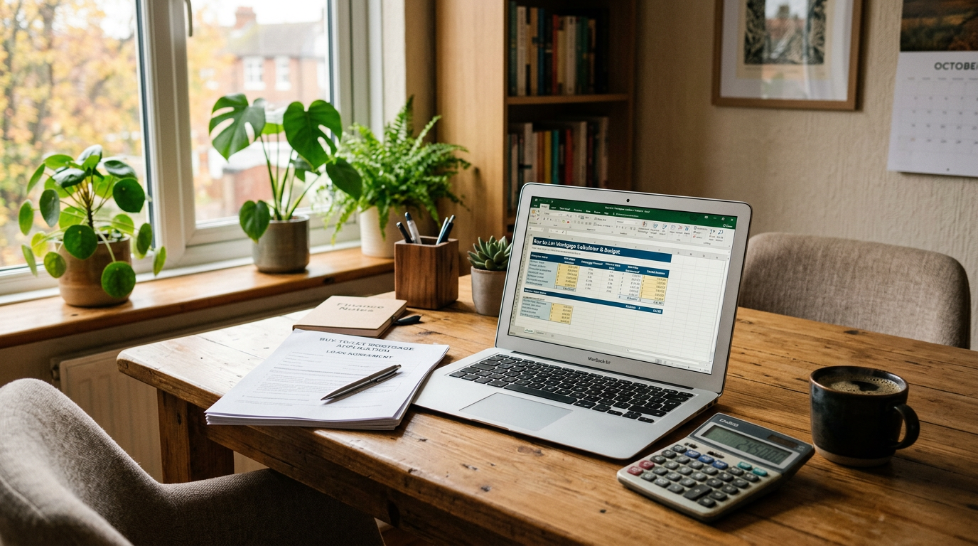 A person analyzing finances with a calculator and mortgage documents on a desk.