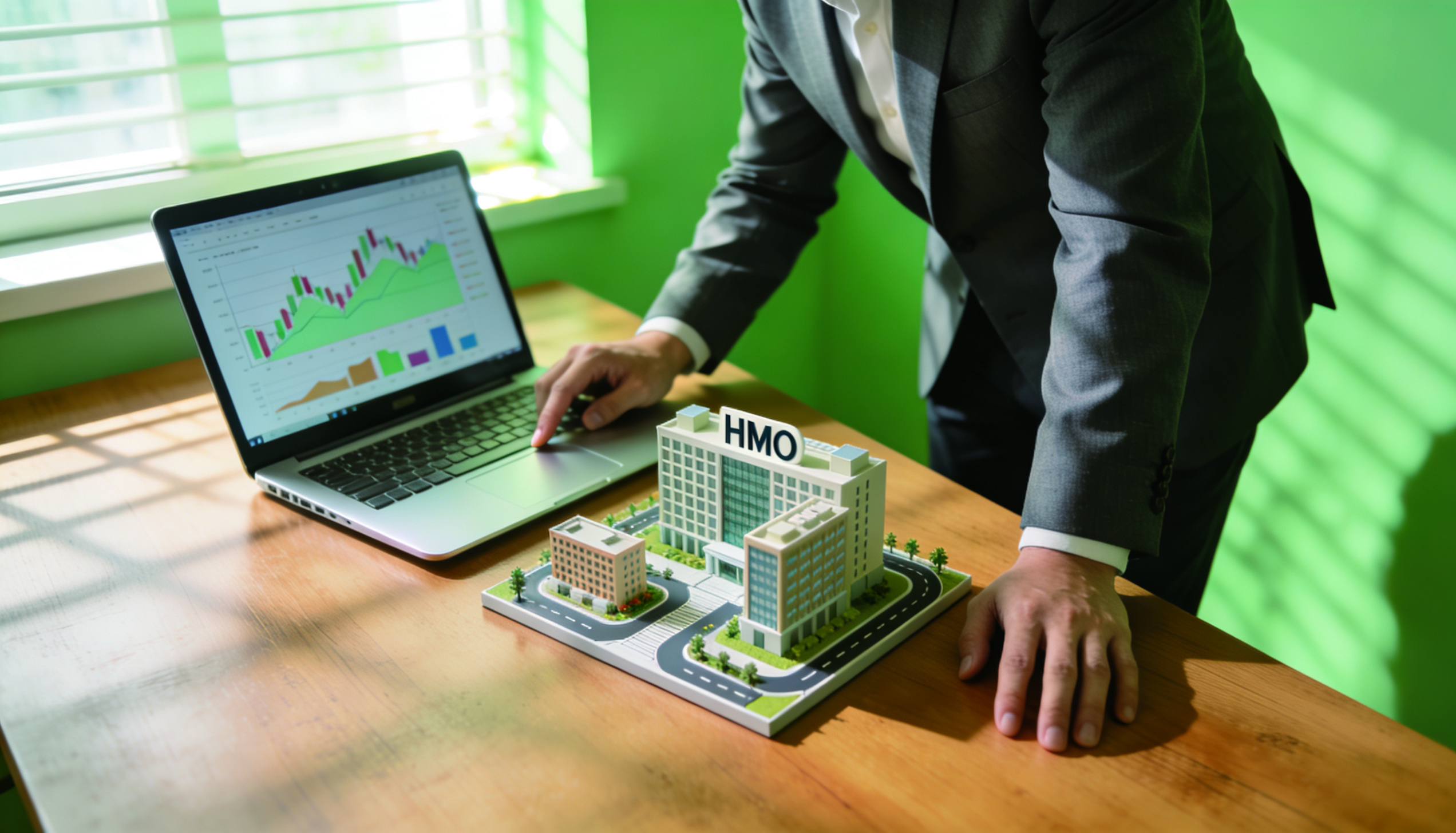 A person analyzing financial charts with a model of houses in the background, representing HMO investments.