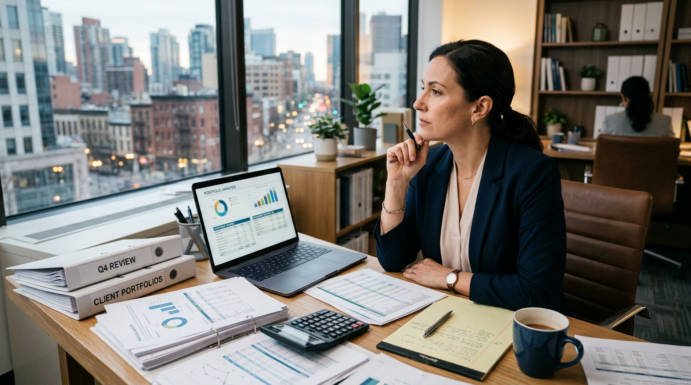 A person analyzing financial documents with a calculator and a laptop, contemplating mortgage options.