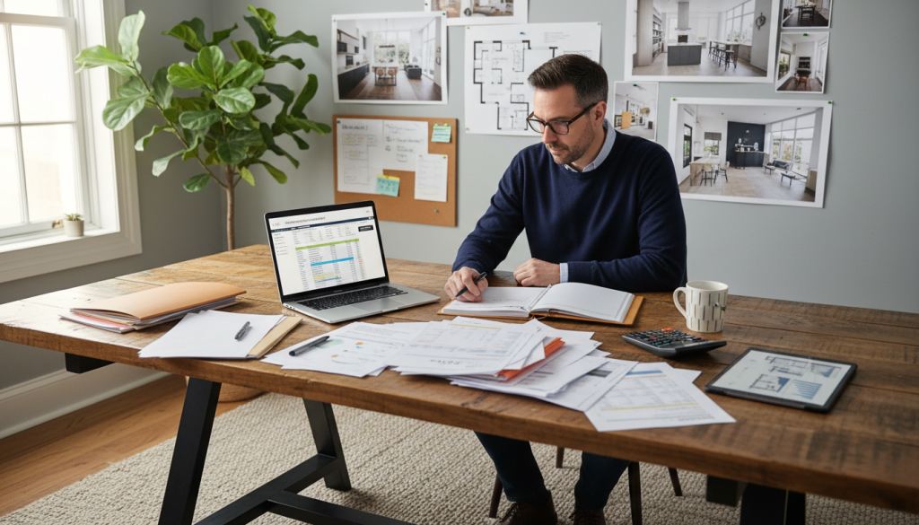 A person analyzing financial plans for a home refurbishment project with charts and a calculator.