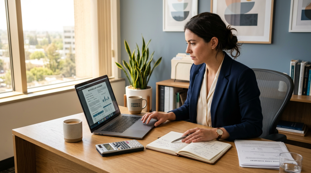 A person analyzing mortgage documents with a calculator and a laptop in a modern office.