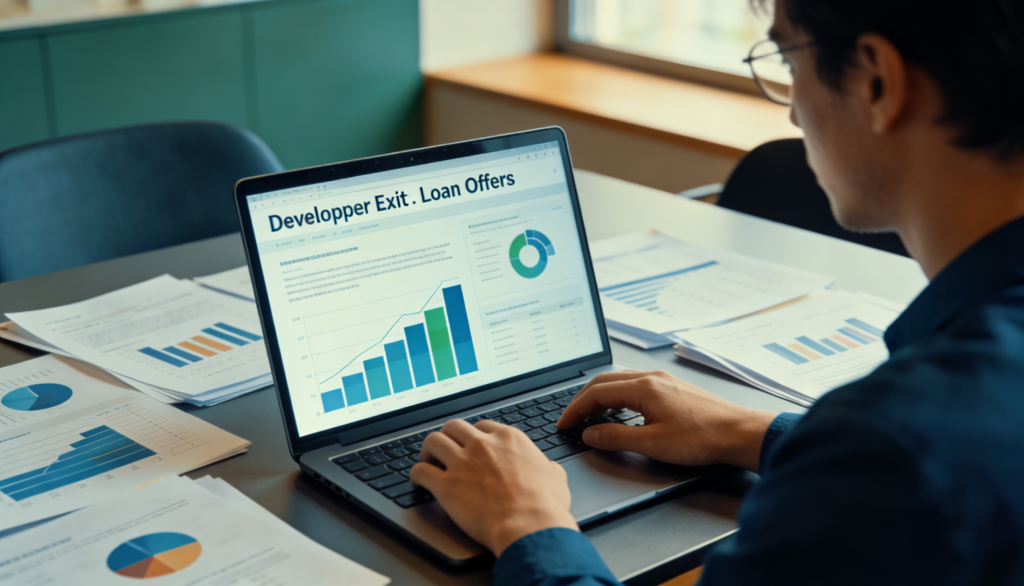 A person analyzing multiple loan offers on a laptop with charts and documents around.