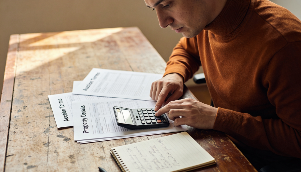 A person analyzing property auction documents with a calculator and notepad.