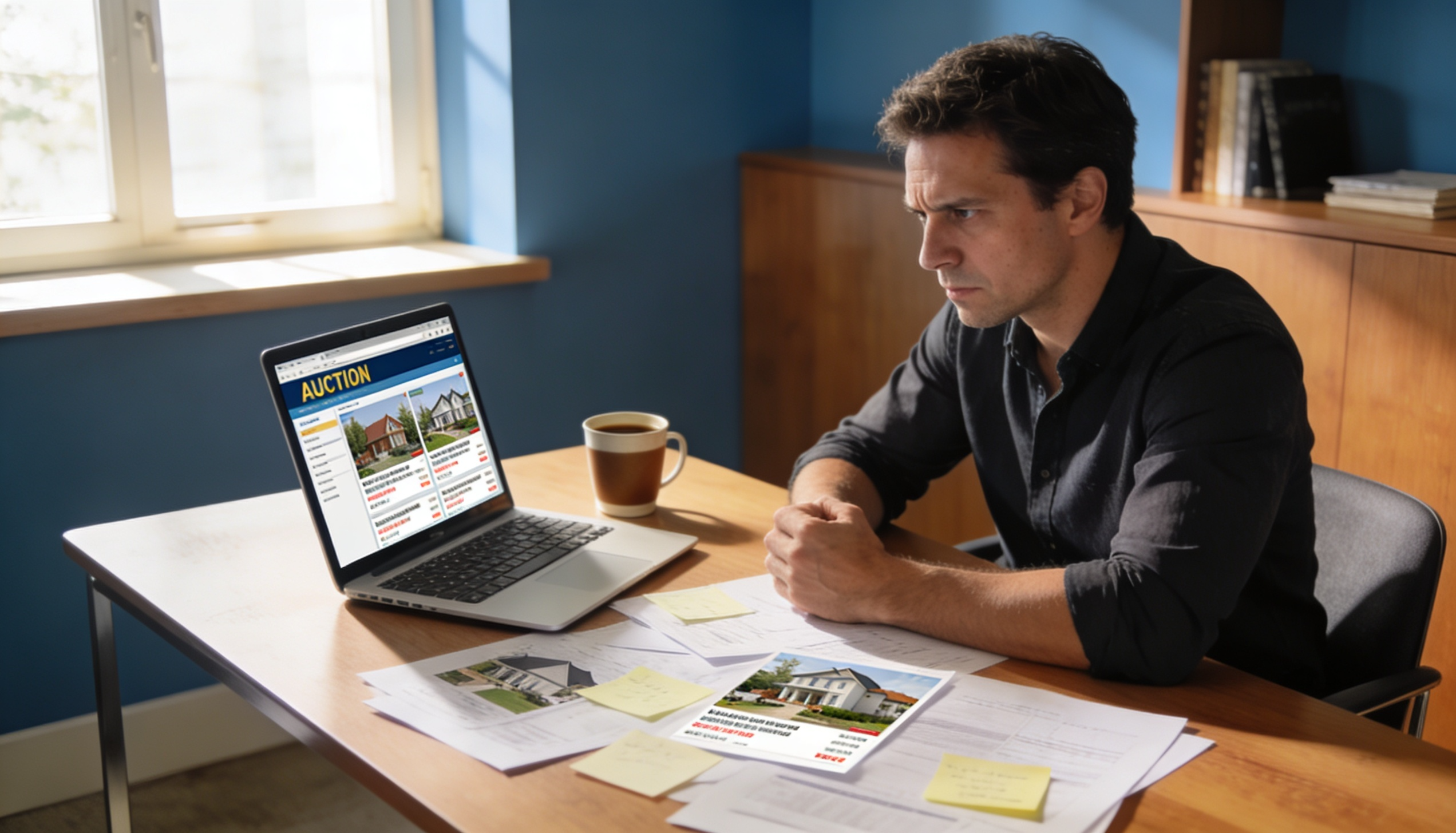 A person analyzing property auction listings with a laptop and notepad.