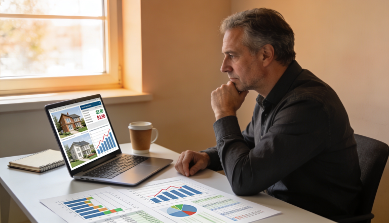 A person analyzing property deals with graphs and charts on a laptop.