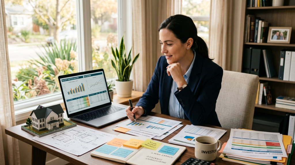 A person analyzing property investment options with charts and a house model.
