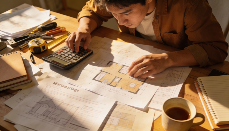 A person analyzing renovation plans with a calculator and mortgage documents on a desk.