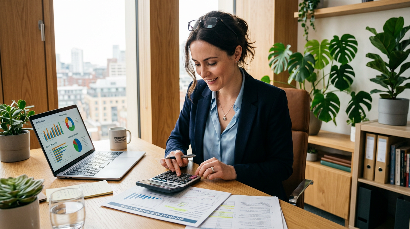 A person calculating rental income with a calculator and mortgage documents on a table.