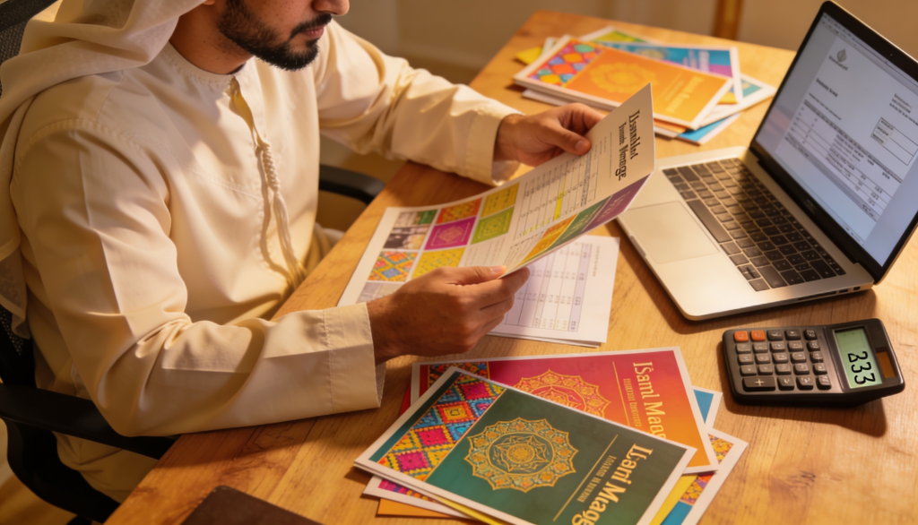 A person comparing Islamic mortgage brochures and documents at a desk.
