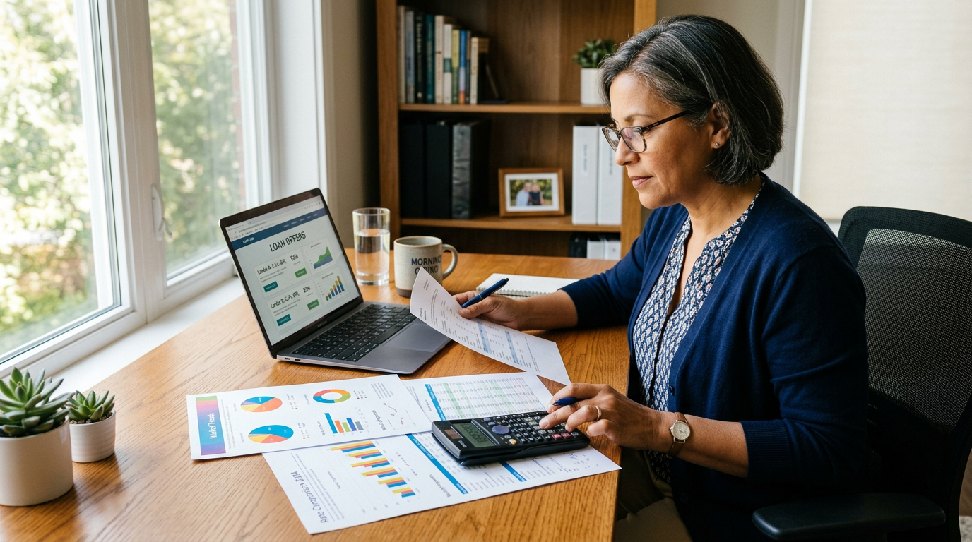 A person comparing loan offers on a laptop with documents and a calculator on the table.