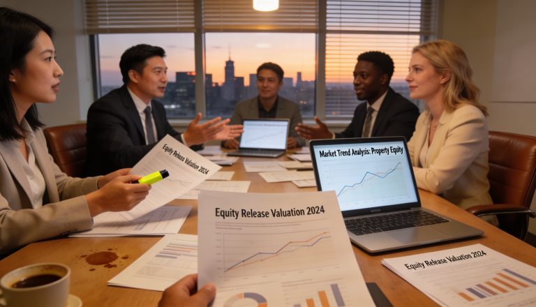 A person discussing equity release options in front of a property investment plan.