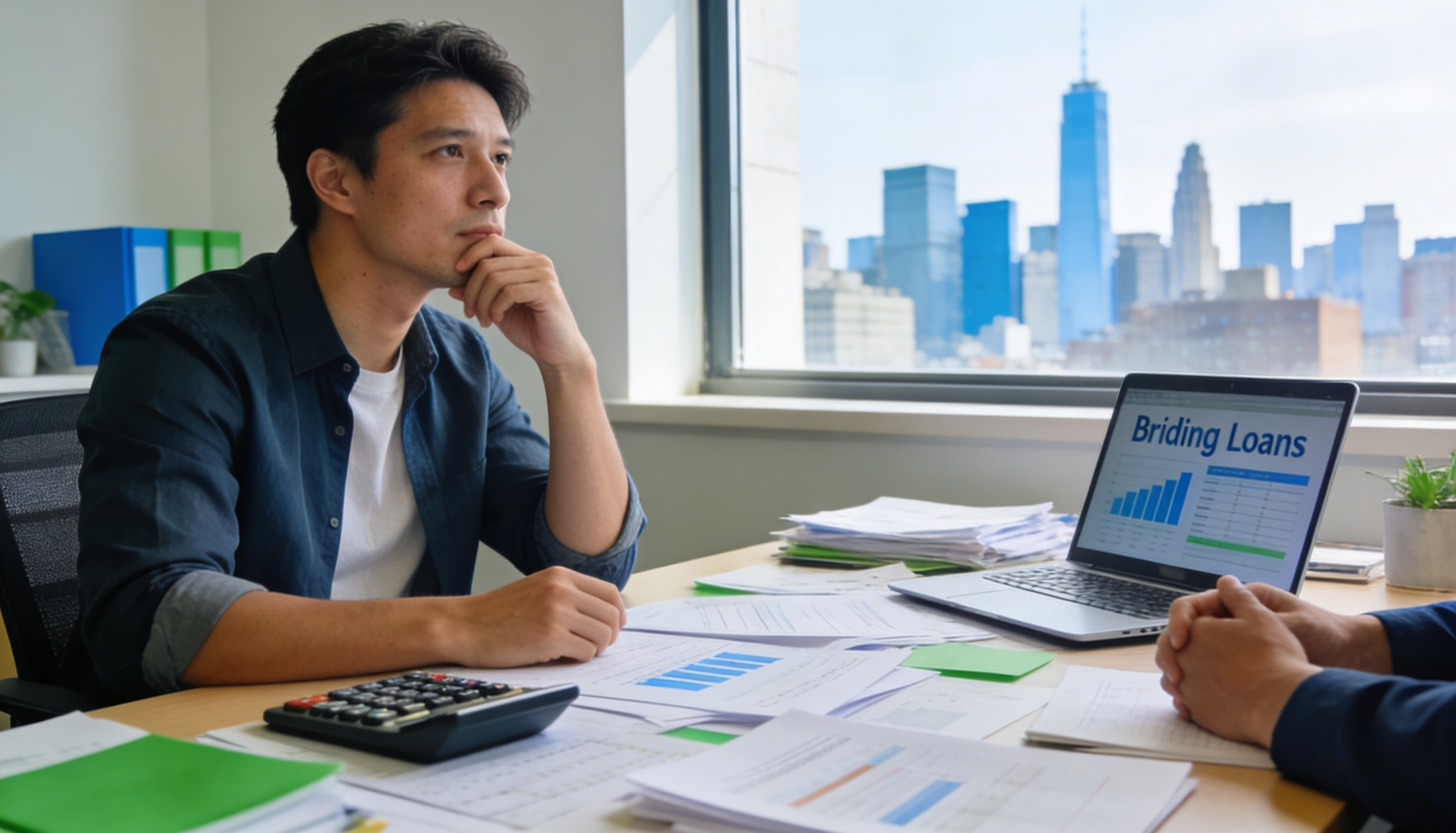 A person discussing financial options with a calculator and documents in a modern office setting.