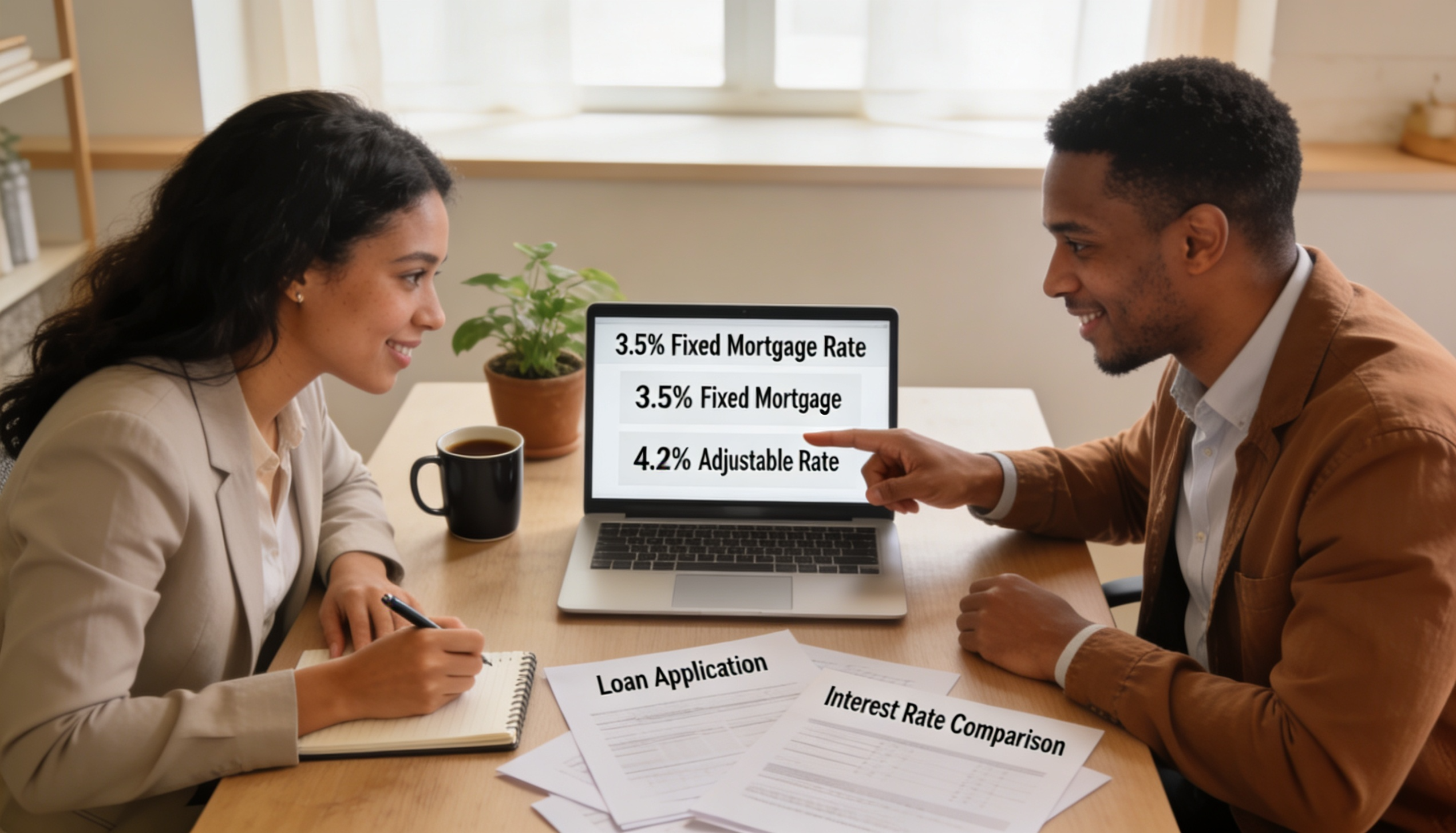 A person discussing mortgage options with a broker in an office setting.