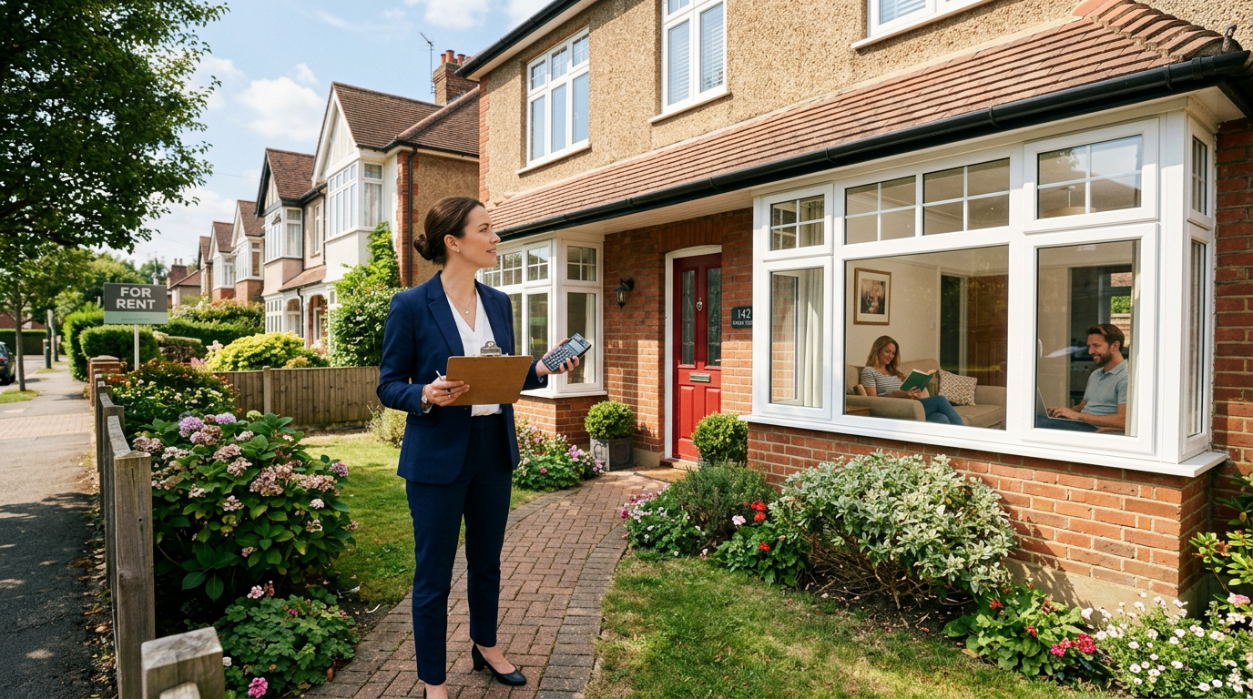 A person examining a property with sitting tenants, holding documents and a calculator.