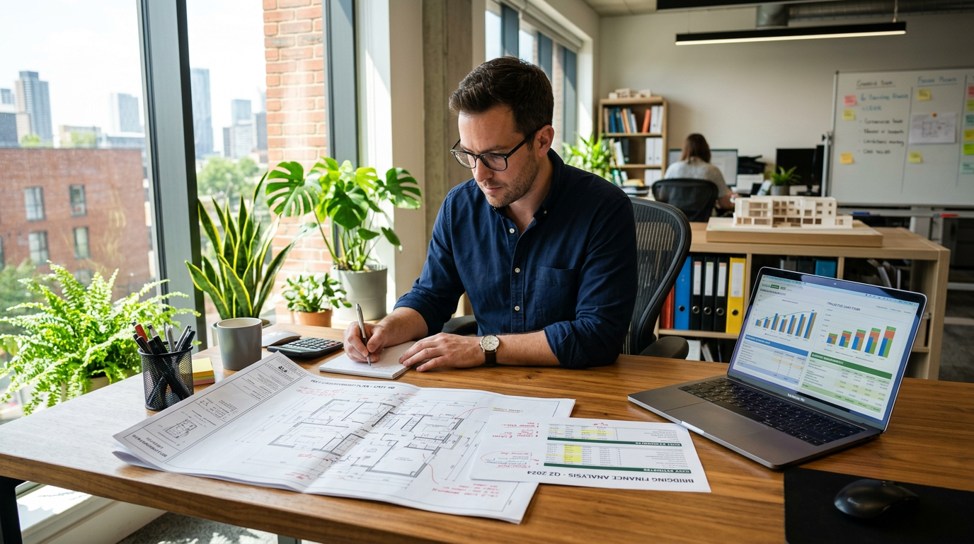 A person examining blueprints and financial documents for refurbishment projects.
