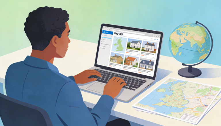 A person looking at UK property listings on a laptop with a map and a globe nearby.