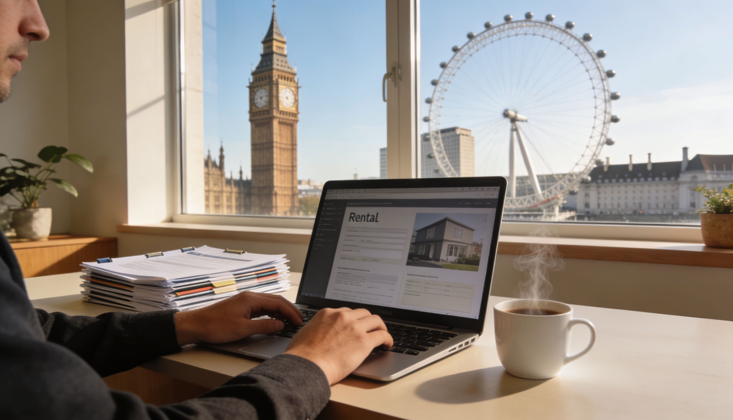 A person managing a rental property on a laptop with a UK skyline in the background.