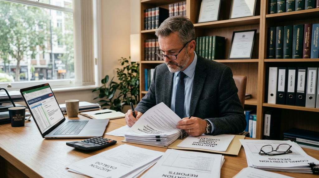 A person reviewing auction documents with a calculator and a laptop on a desk.