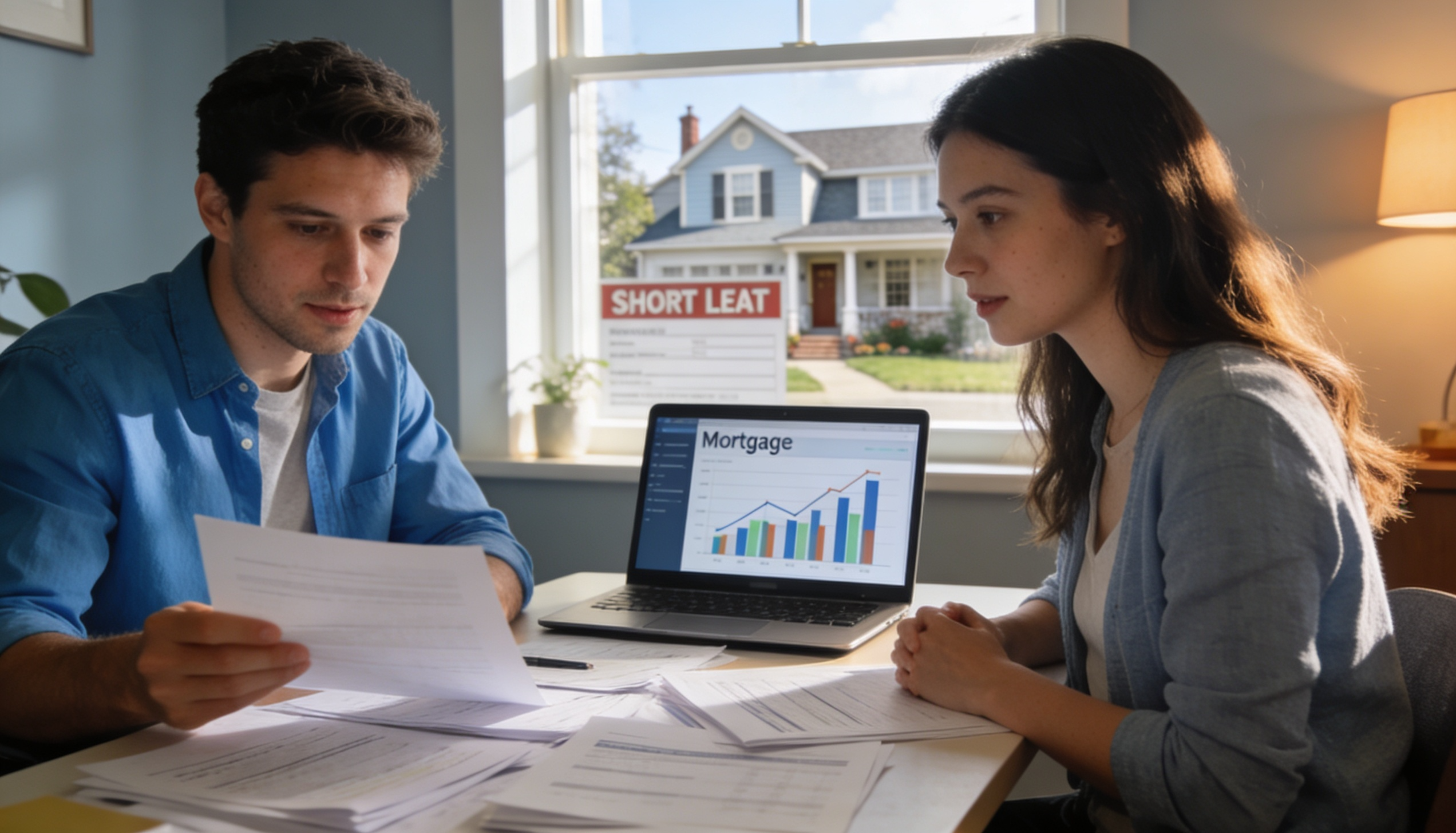 A person reviewing documents for a buy-to-let mortgage with a property in the background.