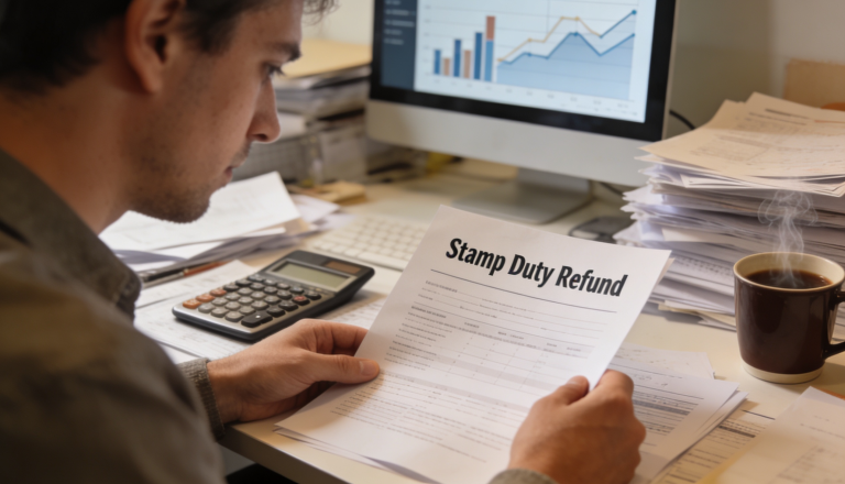 A person reviewing documents with a calculator, contemplating a stamp duty refund.