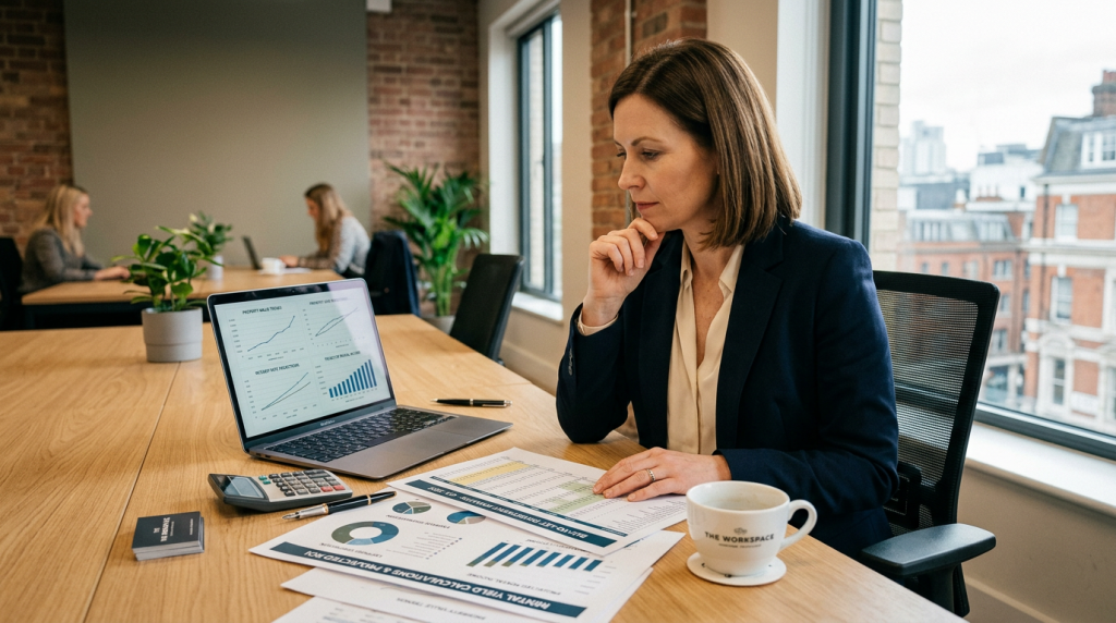 A person reviewing financial documents for a buy-to-let investment with a calculator and laptop.