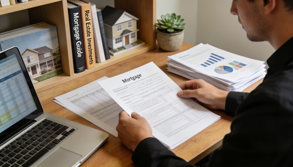 A person reviewing financial documents for remortgaging a property in an office setting.