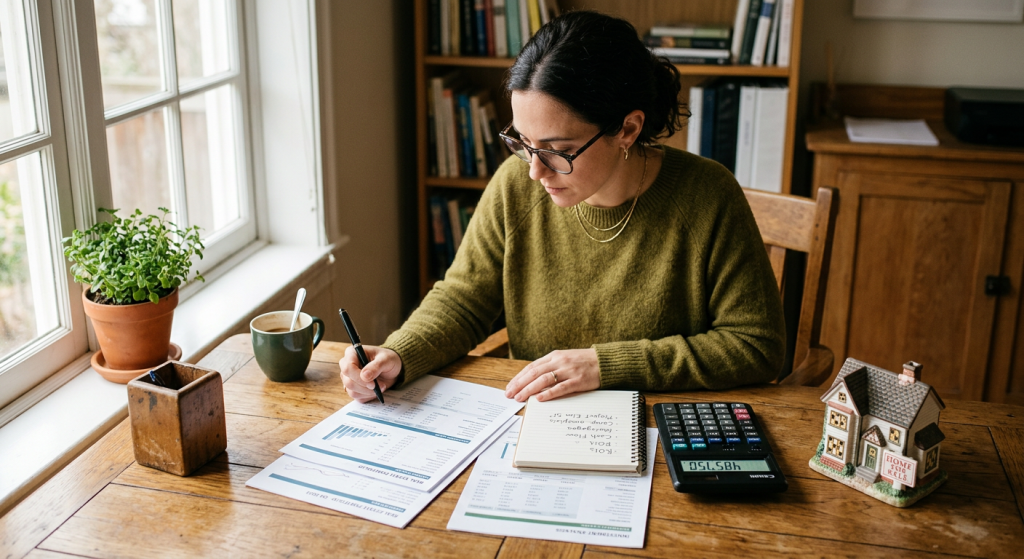 A person reviewing financial documents with a calculator and a house model, illustrating demand bridging loans.