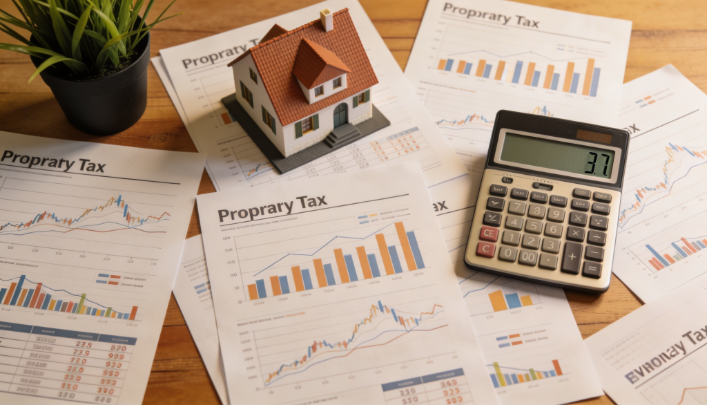 A person reviewing financial documents with a calculator and a house model on the table.