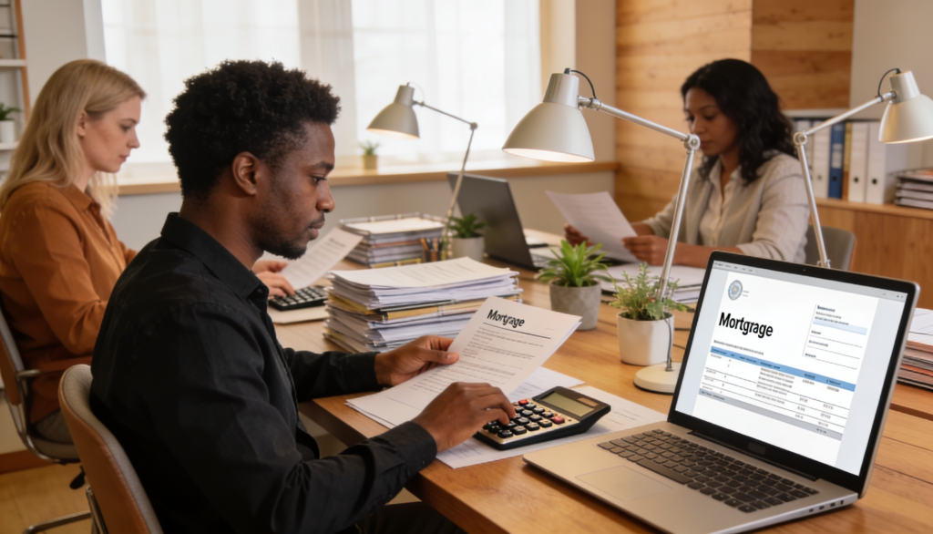 A person reviewing financial documents with a calculator and a laptop, symbolizing mortgage application process.