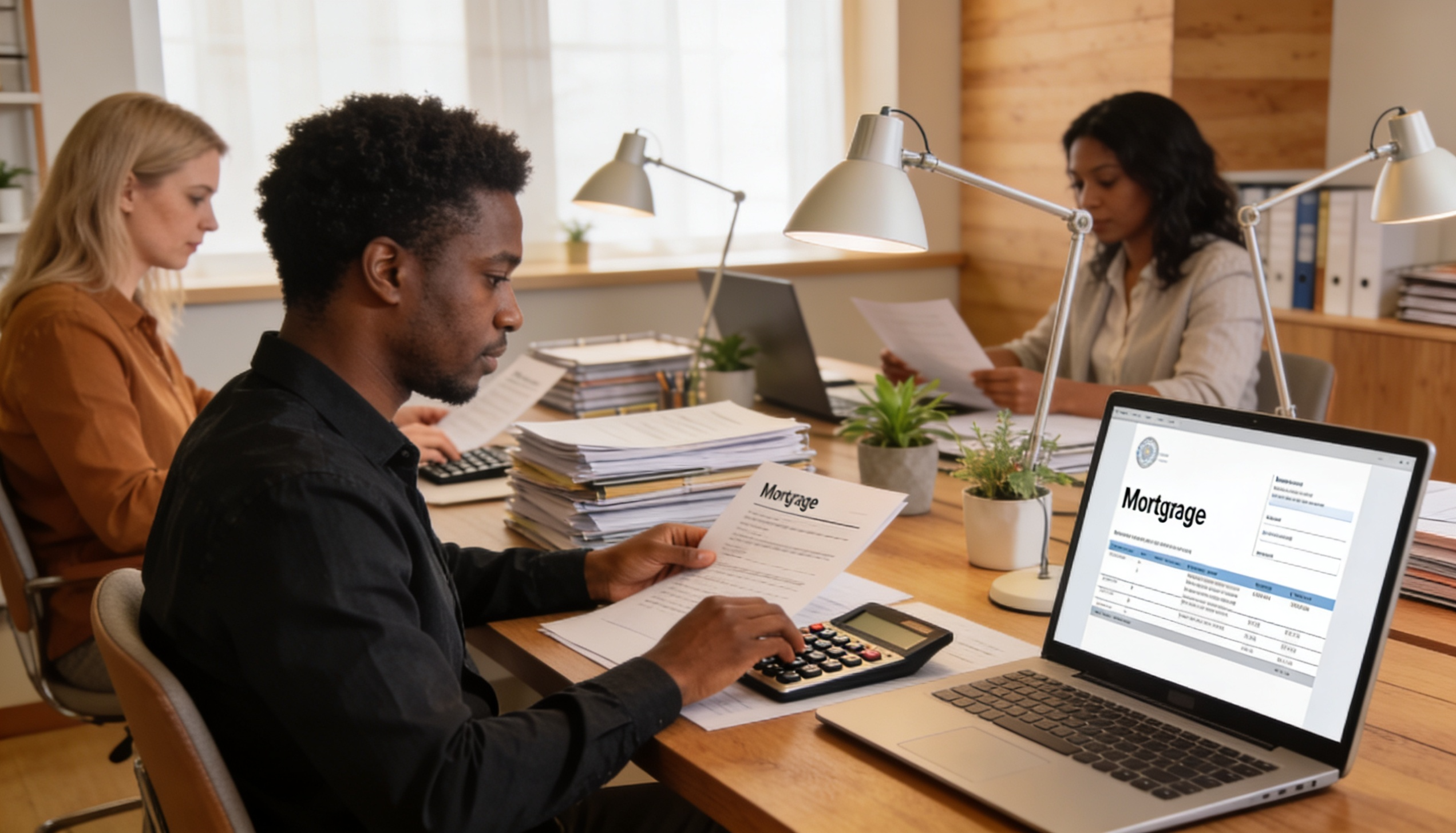 A person reviewing financial documents with a calculator and a laptop, symbolizing mortgage application process.