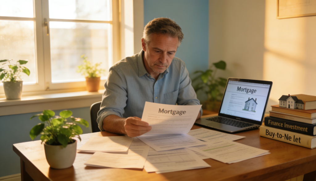 A person reviewing mortgage documents in a cozy home office.