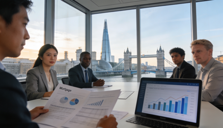 A person reviewing mortgage documents with a UK skyline in the background, symbolizing overseas remortgaging.