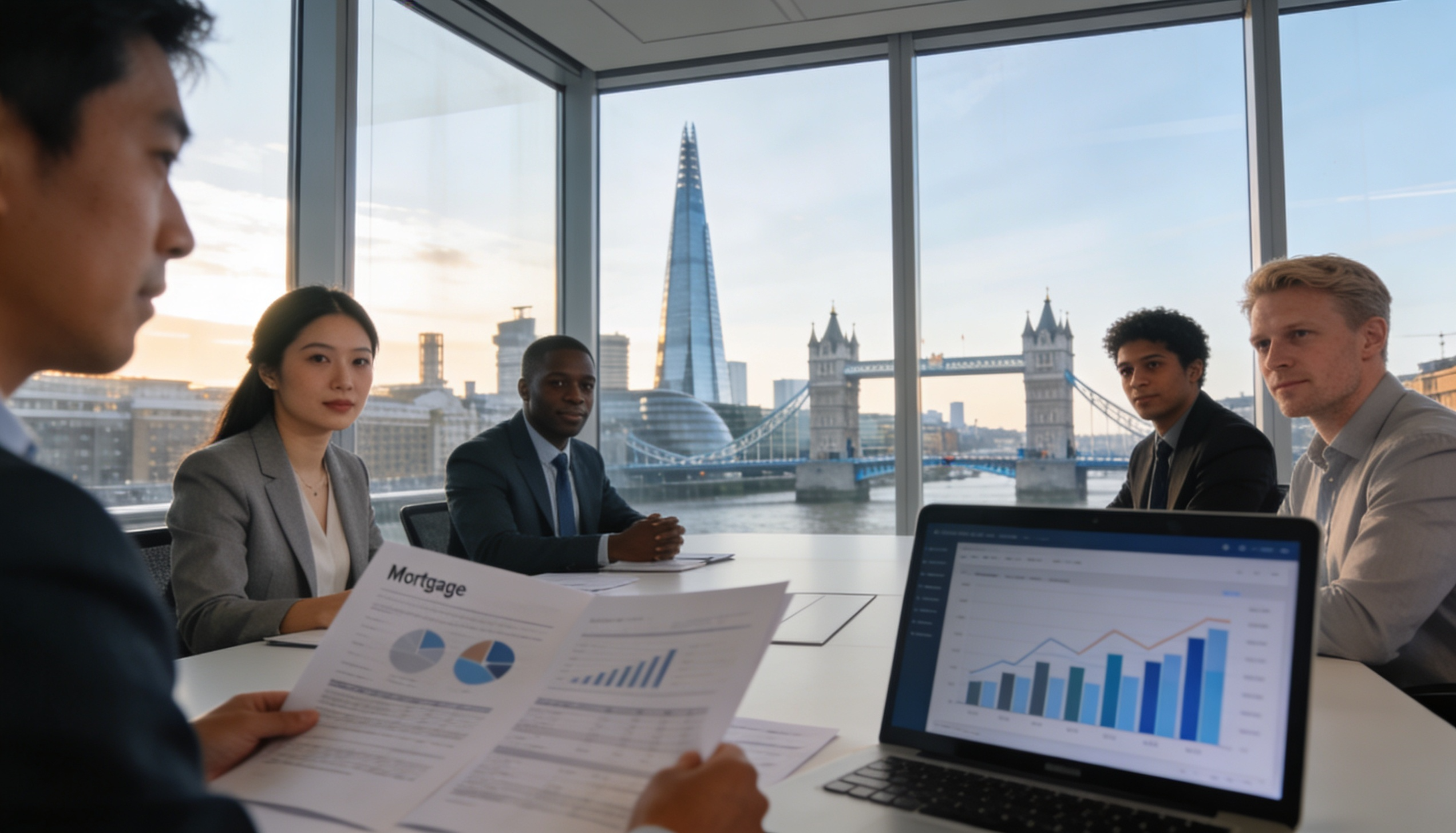 A person reviewing mortgage documents with a UK skyline in the background, symbolizing overseas remortgaging.