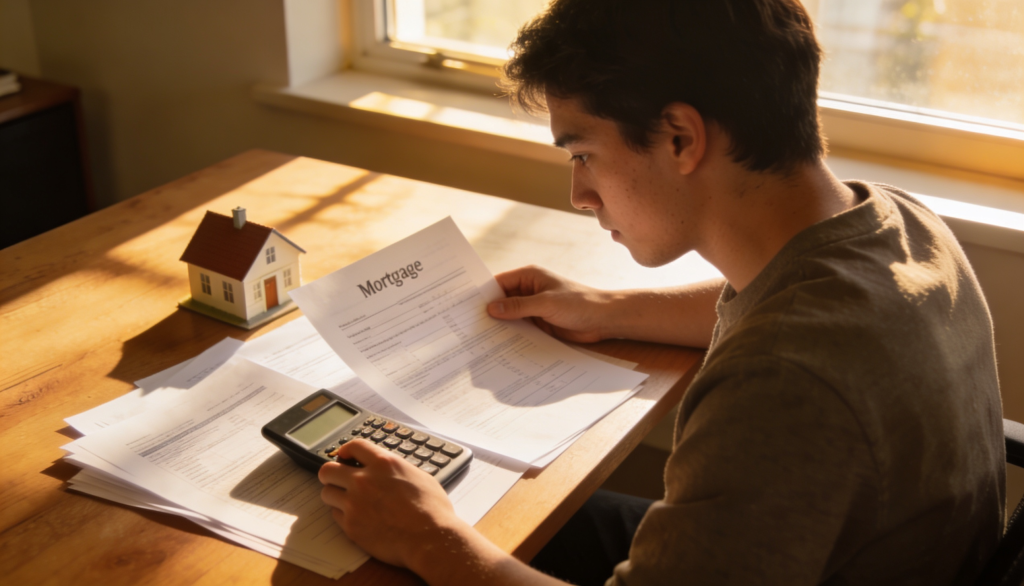 A person reviewing mortgage documents with a calculator and a house model on the table.