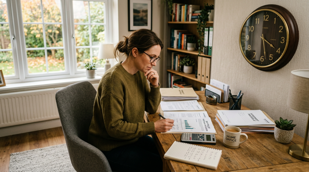 A person reviewing mortgage documents with a calculator and clock, symbolizing time in finance.