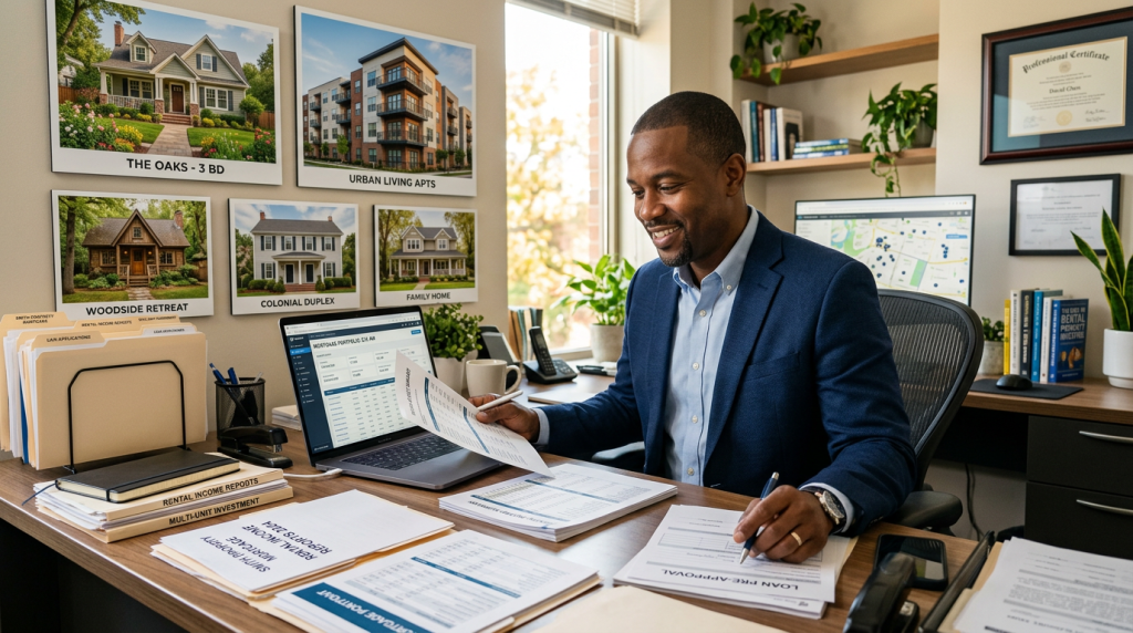 A person reviewing mortgage documents with rental property images in the background.