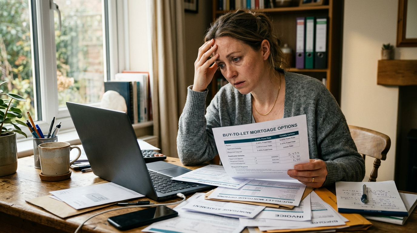 A person reviewing mortgage options with a worried expression and financial documents spread out.